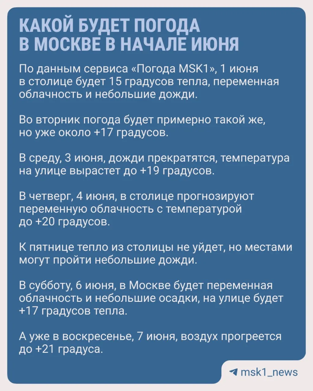В начале июня в столице установится тёплая погода: ожидаются кратковременные дожди, но к выходным температура местами поднимется до +27 °C.