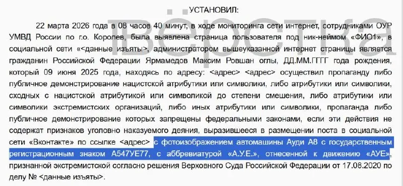 Суд признал виновным жителя Московской области и назначил штраф 1 000 рублей после публикации снимка автомобиля с комбинацией букв, которую сотрудники МВД сочли похожей на аббревиатуру экстремистского движения.