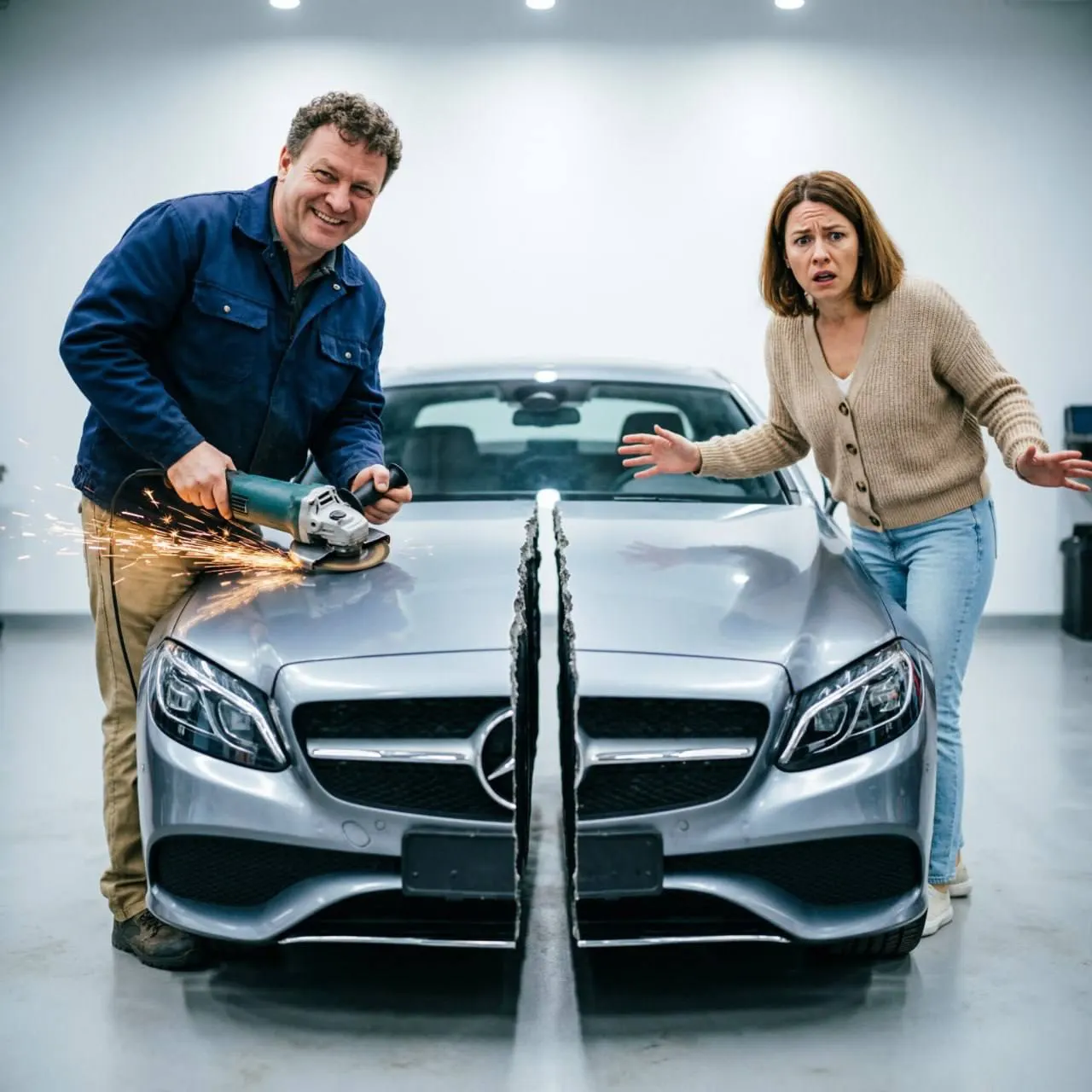 После спора о праве собственности 53‑летний мужчина разрезал Mercedes‑Benz SL — автомобиль, о котором претендовала его 25‑летняя экс‑жена.
