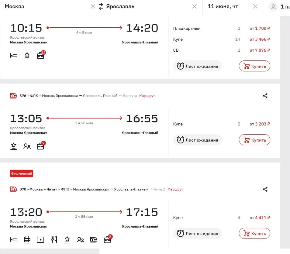 По данным РЖД, на 11 июня большинство мест на фирменные электрички и недорогие билеты на транзитные поезда распроданы: остались в основном купе, СВ и несколько плацкартных мест. Рекомендуют оформить «лист ожидания» или рассмотреть транзитные поезда.