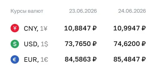 По курсу Банка России на 24 июня доллар — 74,62 ₽, евро — 85,48 ₽, юань — 10,99 ₽; этот курс используется для расчетов по ряду инструментов.