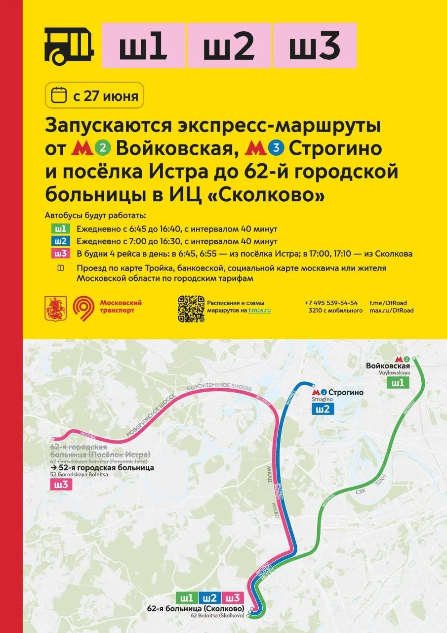 Три экспресс‑маршрута начнут курсировать 27 июня: от метро «Войковская», «Строгино» и из посёлка Истра до 62-й городской больницы в ИЦ «Сколково». Ниже — расписание.