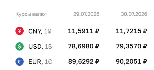 По официальному курсу на 30 июля доллар — ₽79,36; евро — ₽90,21; юань — ₽11,72. Курс Центробанка используется для расчетов по ряду финансовых инструментов.