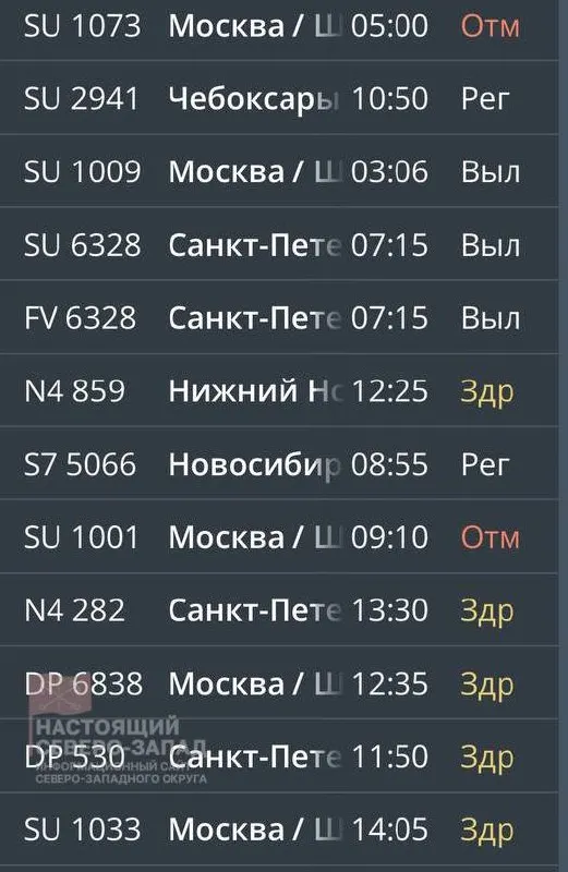 Атаки беспилотников и ограничения воздушного пространства в районе Санкт‑Петербурга привели к массовым отменам и задержкам рейсов в аэропорту Храброво. Задержаны и отменены рейсы по направлениям Москва, Санкт‑Петербург и Екатеринбург.