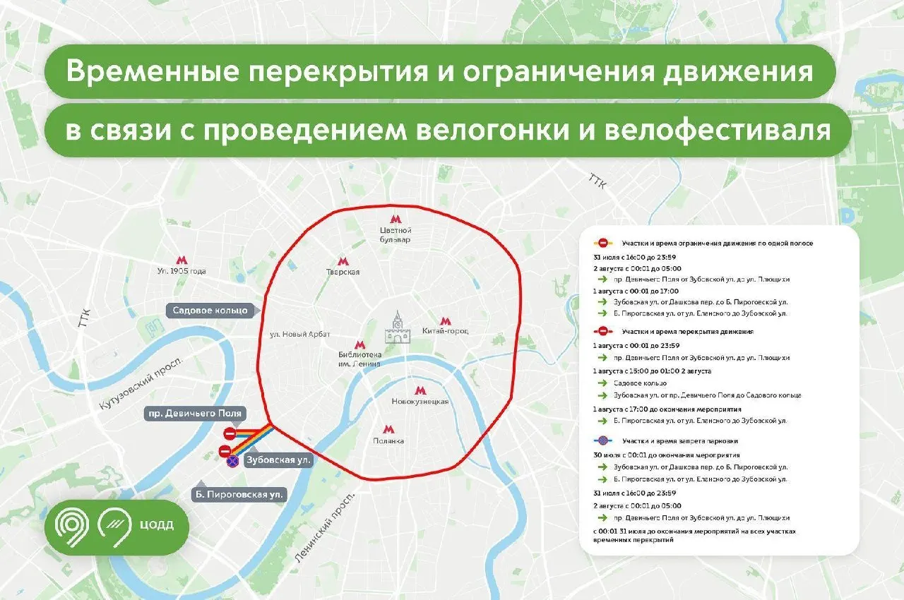 Из‑за велогонки «Вечернее Садовое кольцо» и Московского ночного велофестиваля частично перекрытия начнутся 31 июля, а 1 августа Садовое кольцо полностью закроют с 15:00 до 01:00 2 августа.