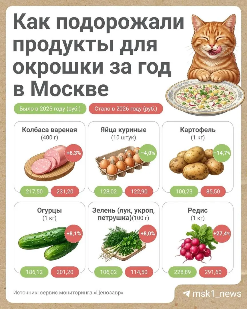 За приготовление кастрюли окрошки в 2026 году придётся заплатить 851,17 рубля — сильнее всего подорожал редис, огурцы и зелень.