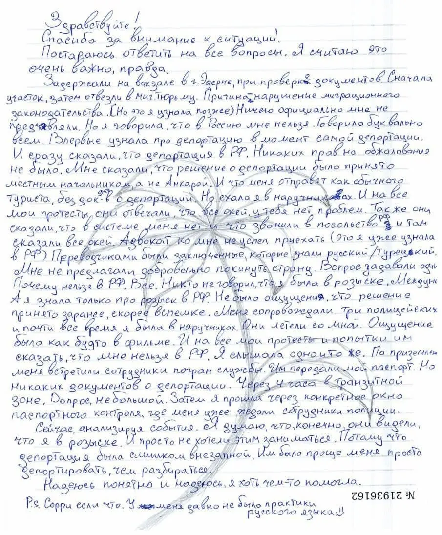 Литвинова рассказала, что её задержали на вокзале в Эдирне, поместили в миграционную тюрьму и в ускоренном порядке депортировали в Россию без адвоката и возможности обжаловать решение.