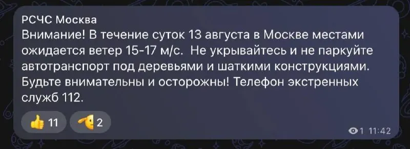 Порывы ветра в столице достигнут 15–17 м/с; соблюдайте осторожность и следите за обновлениями.