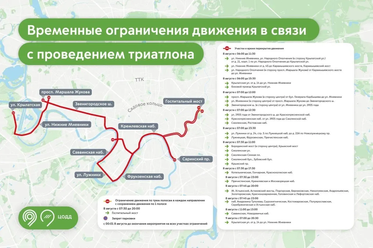 Во время триатлонной гонки в Москве ограничат движение в выходные дни: перекрытие участков поэтапно с утра до вечера, включая Госпитальный мост.