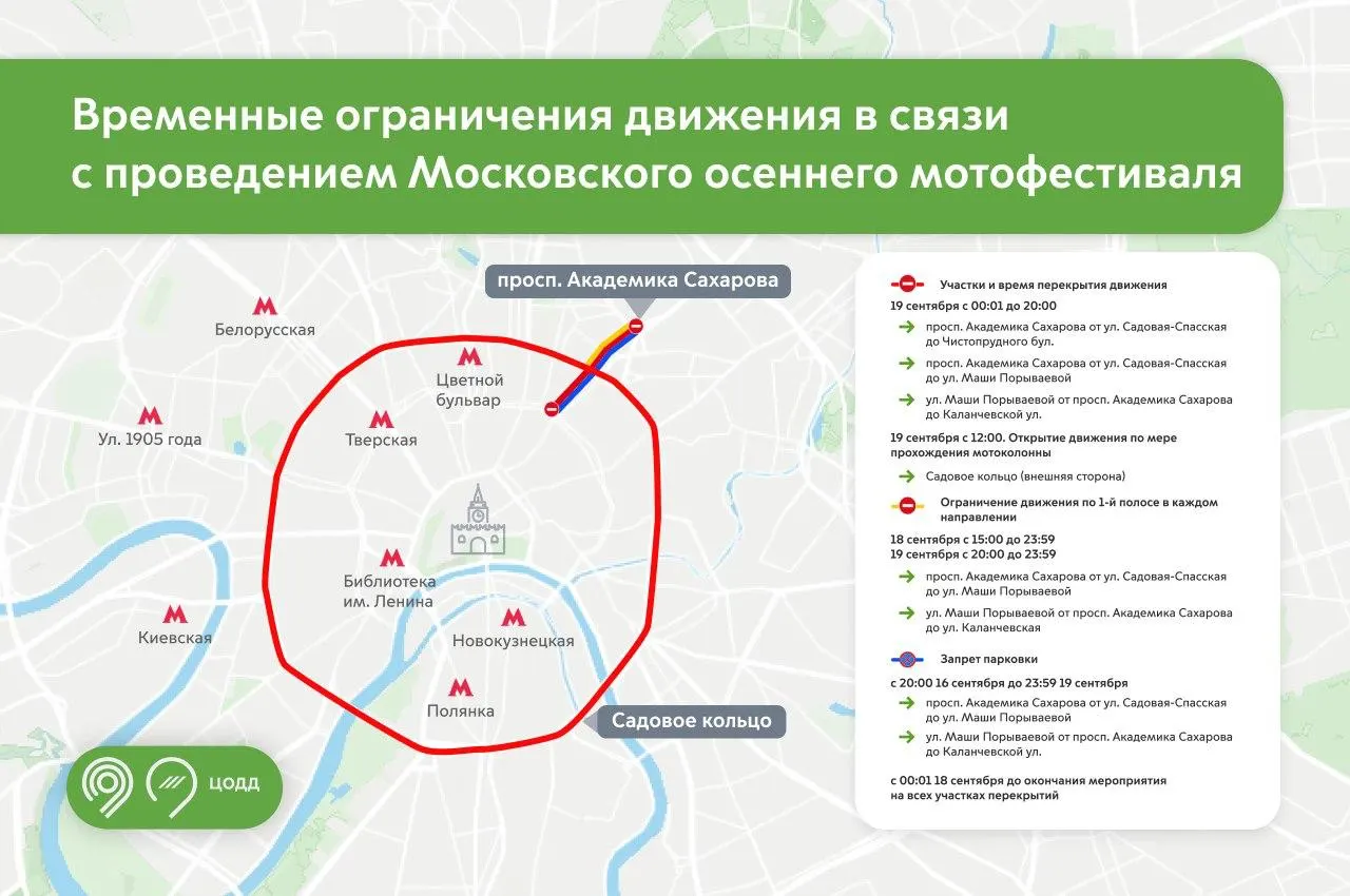 Из‑за проведения Московского мотофестиваля временно перекроют Садовое кольцо и прилегающие участки: движение ограничат на проспекте Академика Сахарова и улице Маши Порываевой, а с 12:00 закроют само кольцо.