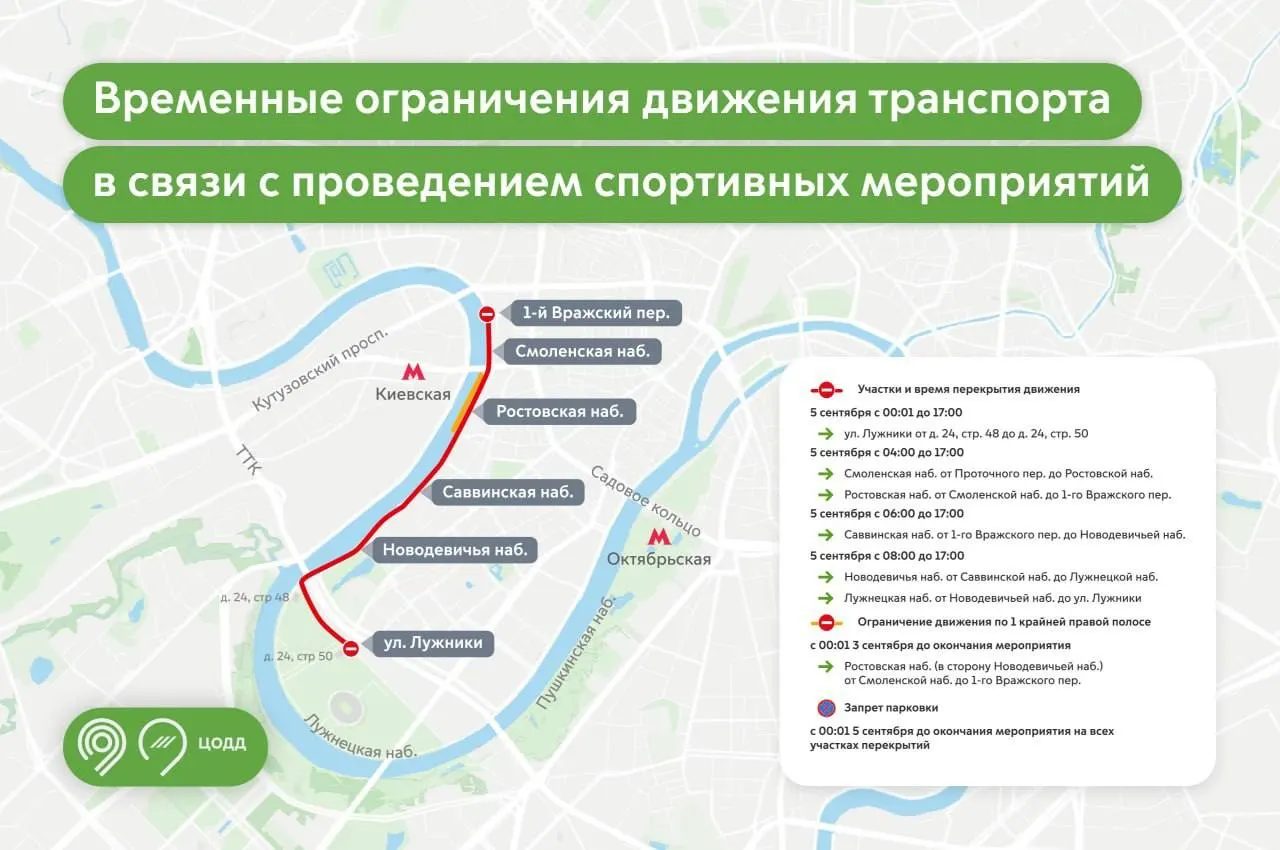 Движение перекроют на нескольких набережных и в центральной части столицы по причине проведения массовых мероприятий.