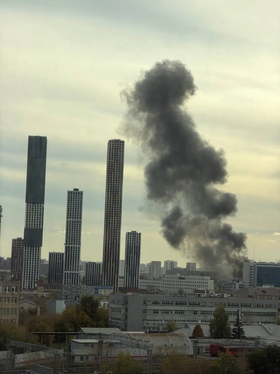 Пожар в Нагатинской пойме: над складами поднимается столб дыма в районе Острова мечты.